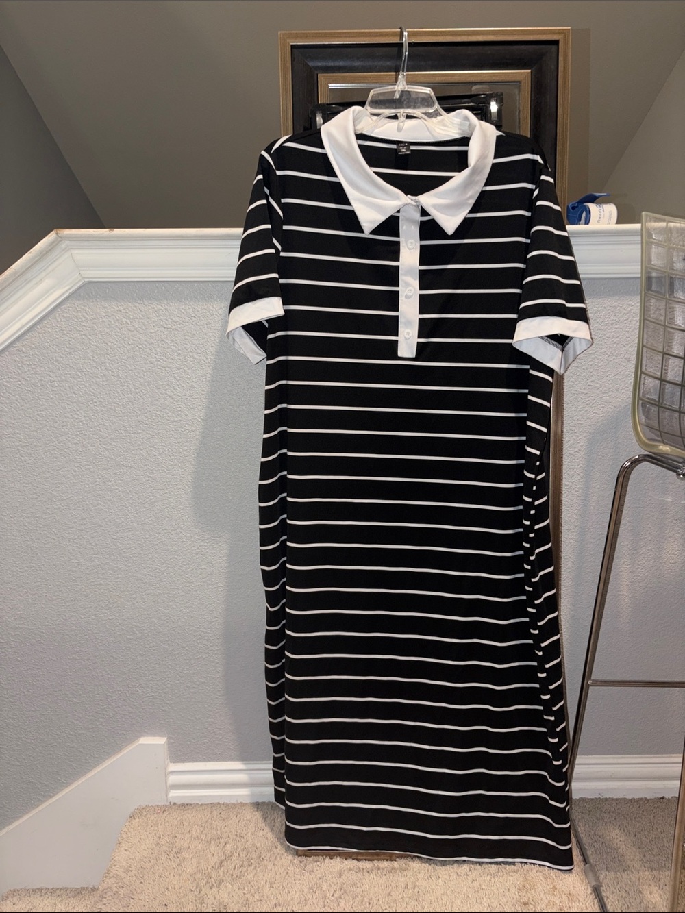 SHEIN Black and White Striped Polo Midi Dress with Contrast Collar